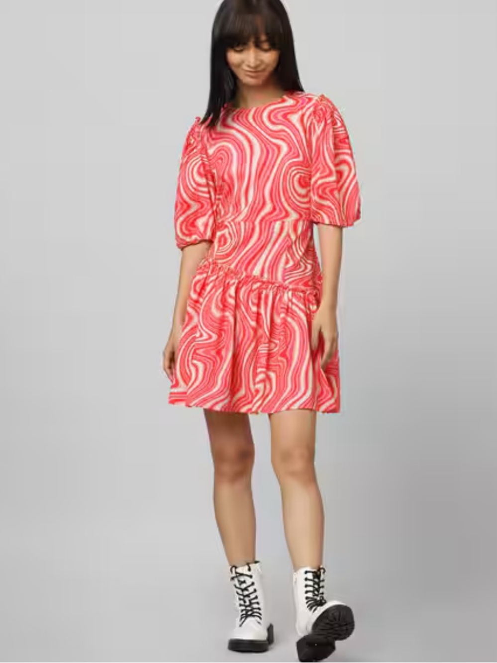 ONLY Red Pink Short Sleeve Swirl Linen Cotton Dress Size 38/6